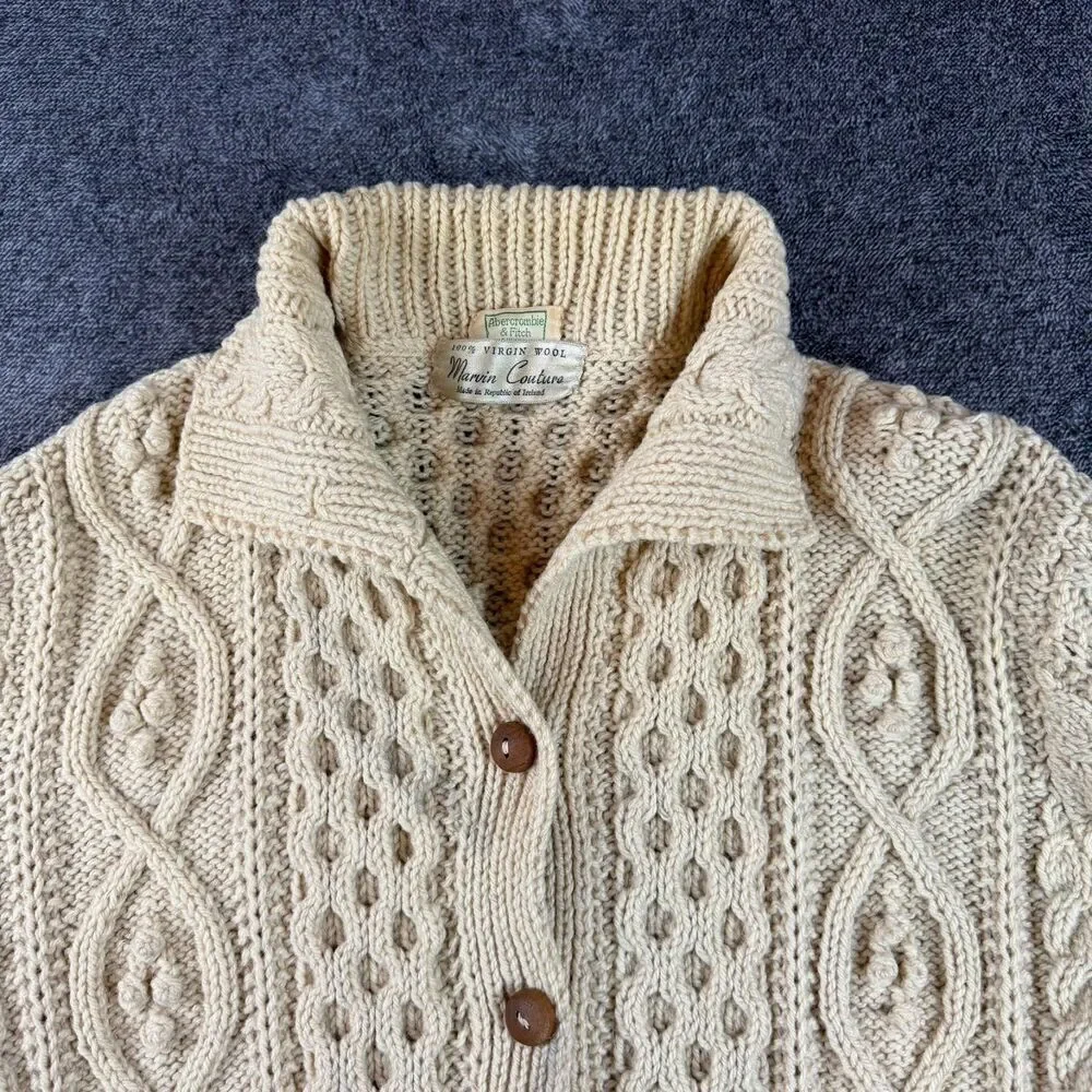 Vtg 60's 70's Abercrombie & Fitch Virgin Wool Cable Knit Cardigan Ireland M/L - Picture 2 of 11